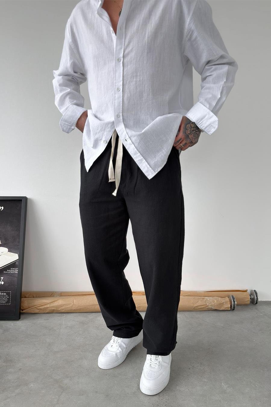 Siyah Nakışlı Baggy Keten Pantolon