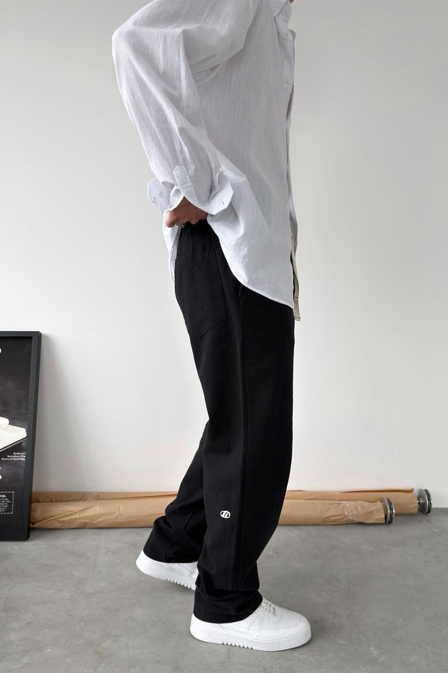 Siyah Nakışlı Baggy Keten Pantolon