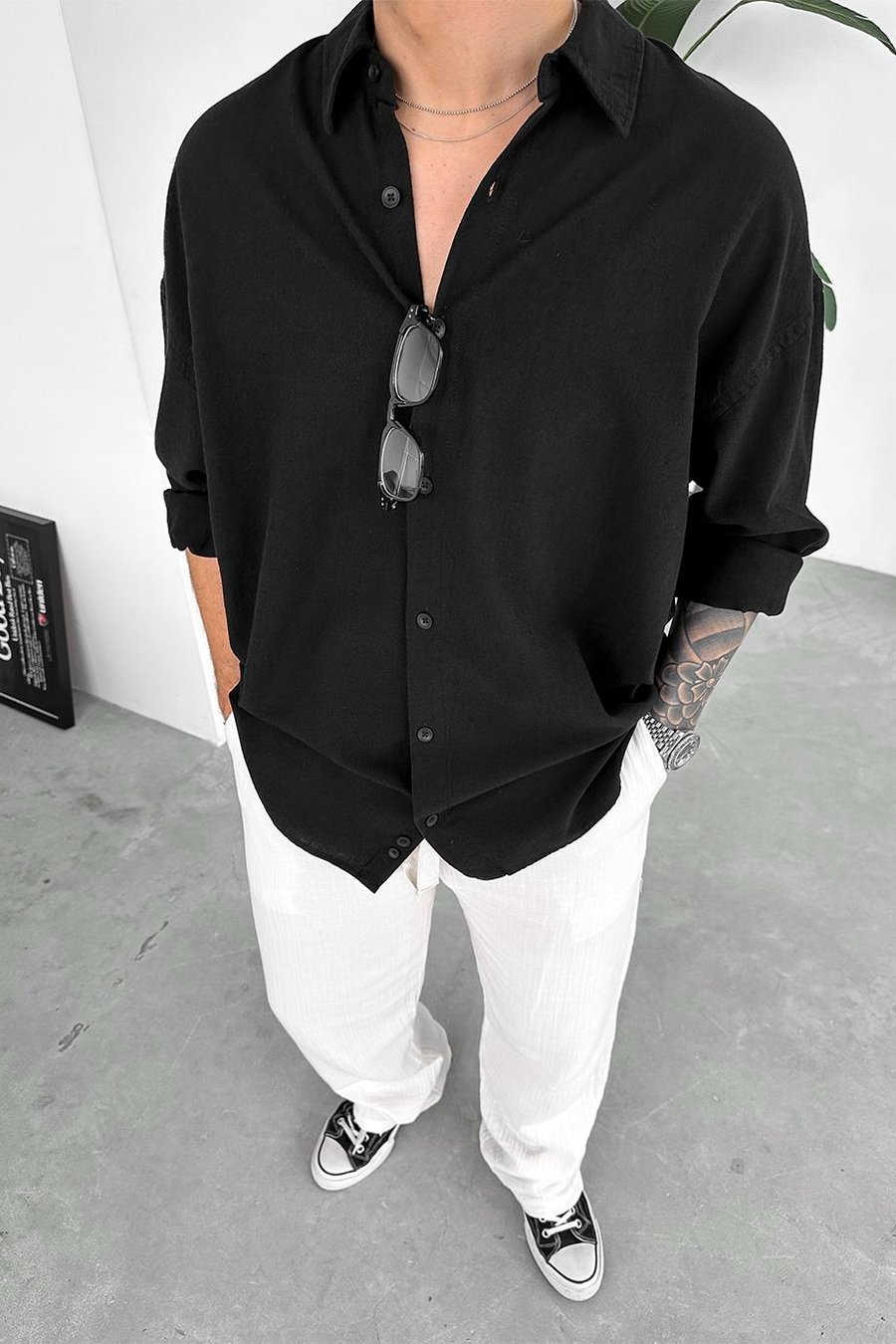 Siyah Old Money Basic Keten Oversize Gömlek