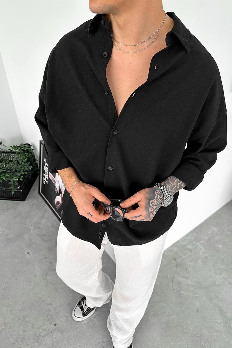 Siyah Old Money Basic Keten Oversize Gömlek