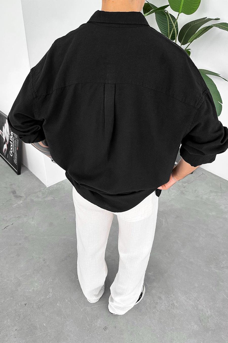 Siyah Old Money Basic Keten Oversize Gömlek