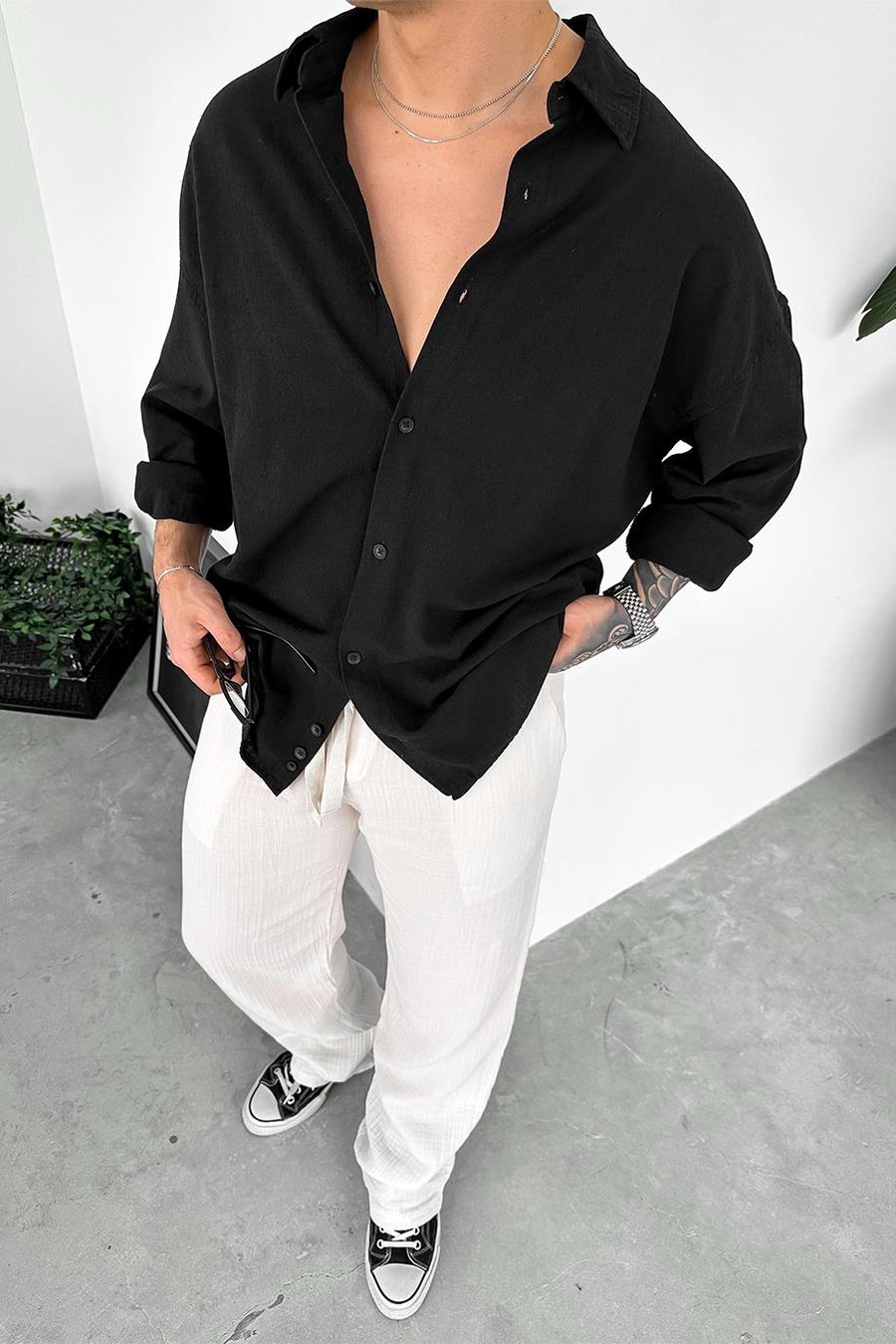 Siyah Old Money Basic Keten Oversize Gömlek