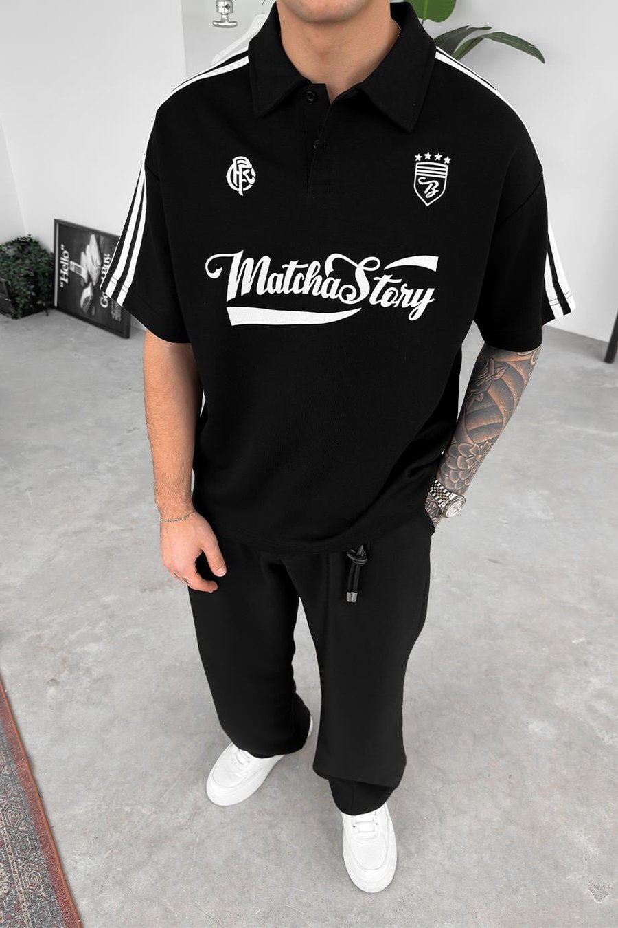 Siyah Old Money MatchaStory Baskılı Oversize Polo Yaka Tişört