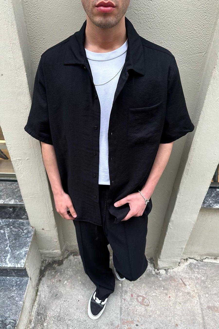 Siyah Ön Cep Detay B4 PH Boxy Fit Oversize Gömlek