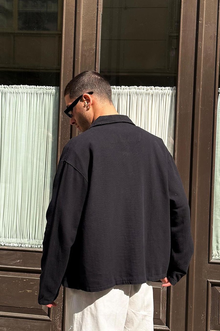 Siyah Ön Cepli L6 GO Oversize Keten Gömlek