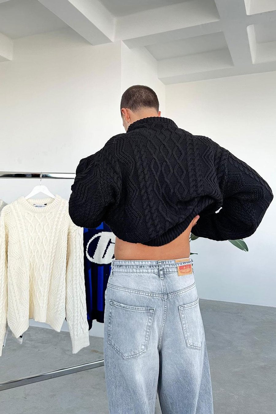 Siyah Örgü Desen Oversize Triko Kazak