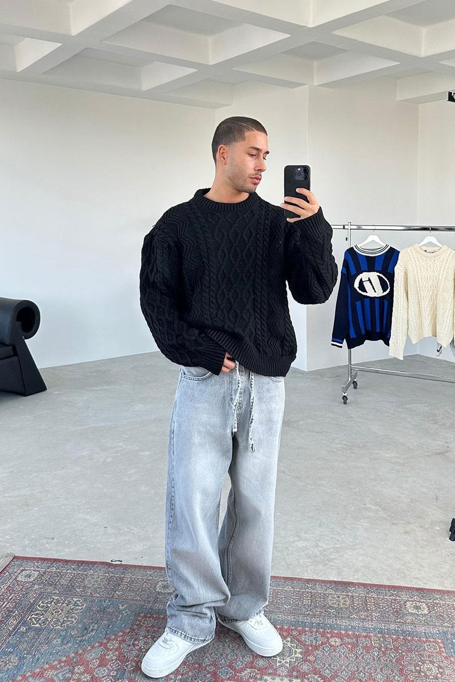 Siyah Örgü Desen Oversize Triko Kazak