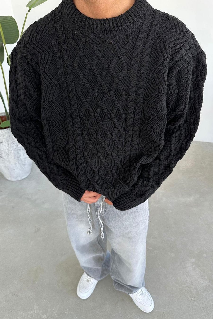 Siyah Örgü Desen Oversize Triko Kazak