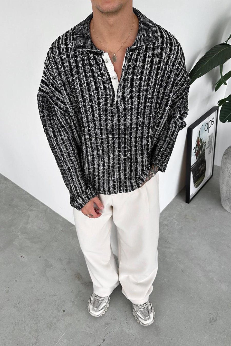 Siyah Örgü Desenli Premium Oversize Polo Yaka Kazak