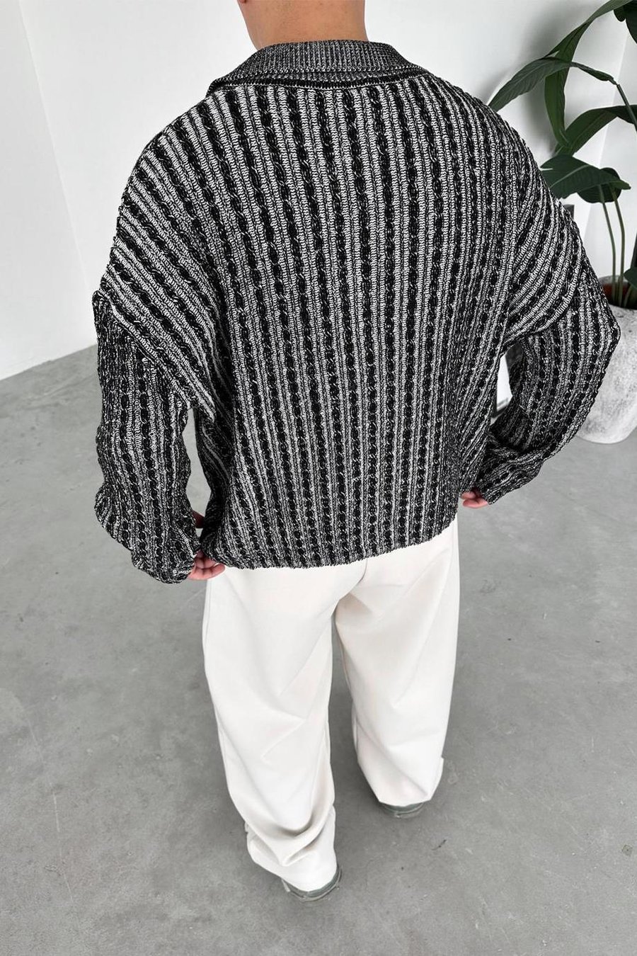Siyah Örgü Desenli Premium Oversize Polo Yaka Kazak