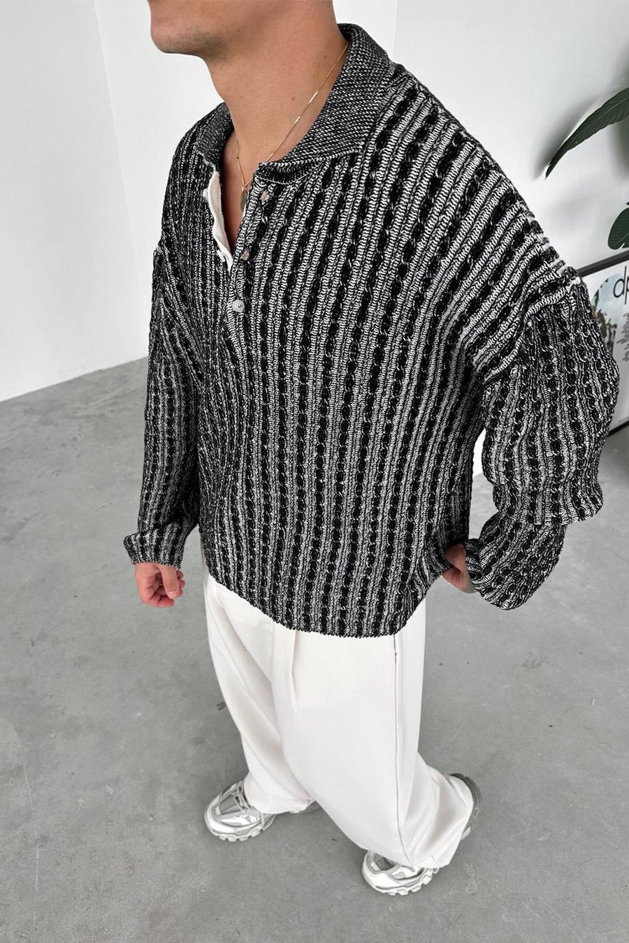 Siyah Örgü Desenli Premium Oversize Polo Yaka Kazak
