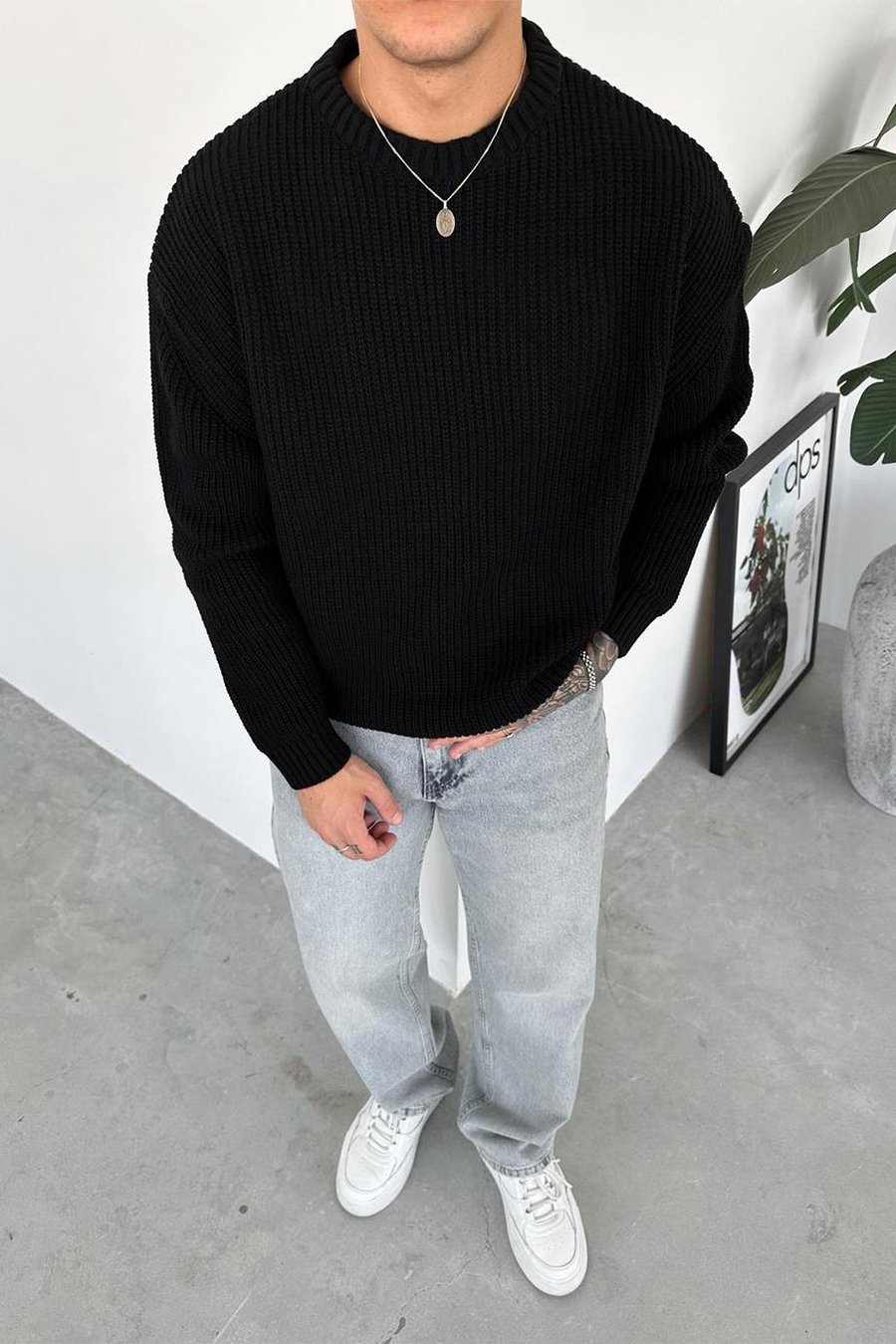 Siyah Örme Desen Oversize Triko Kazak