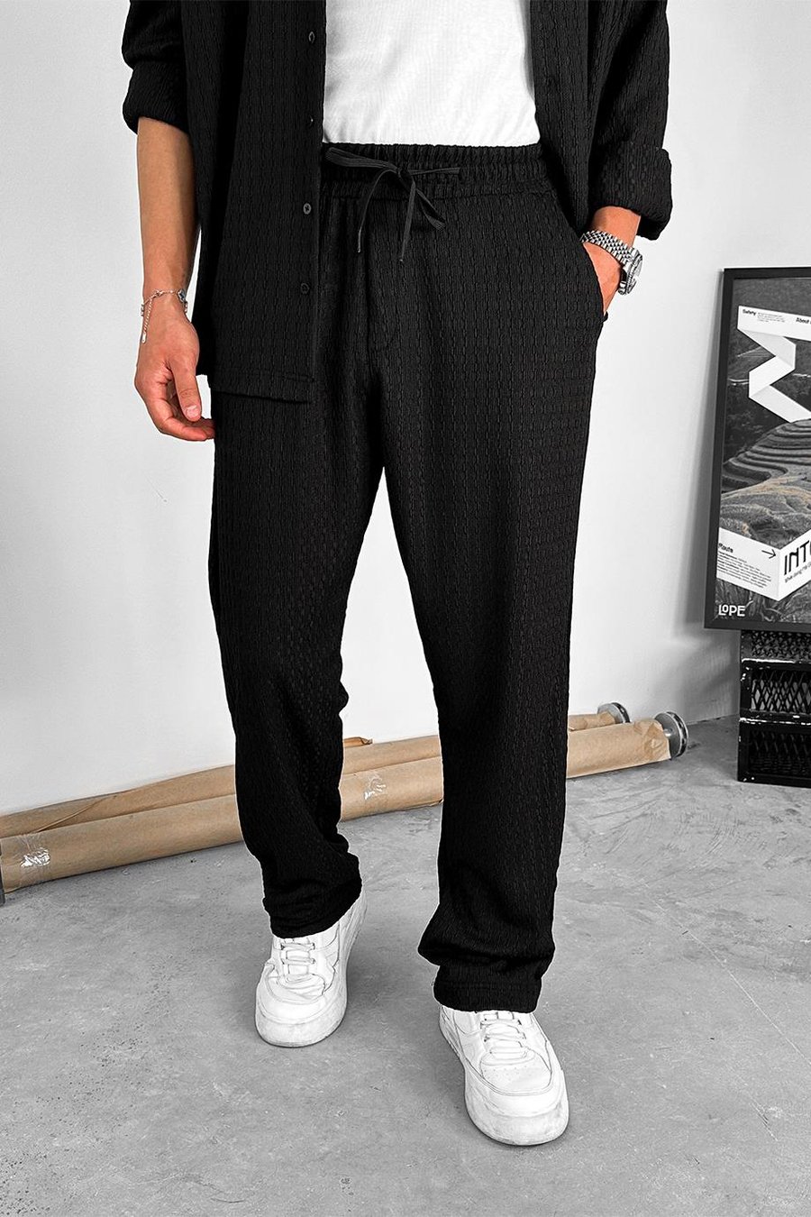Siyah Örme Desenli Relaxed Pantolon