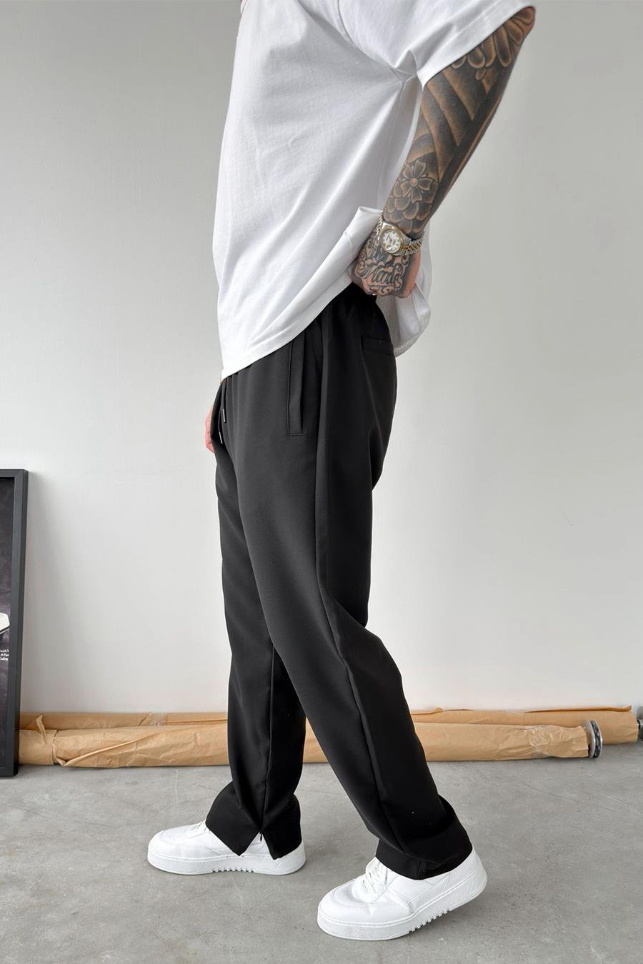 Siyah Paçası Fermuarlı Baggy Pantolon