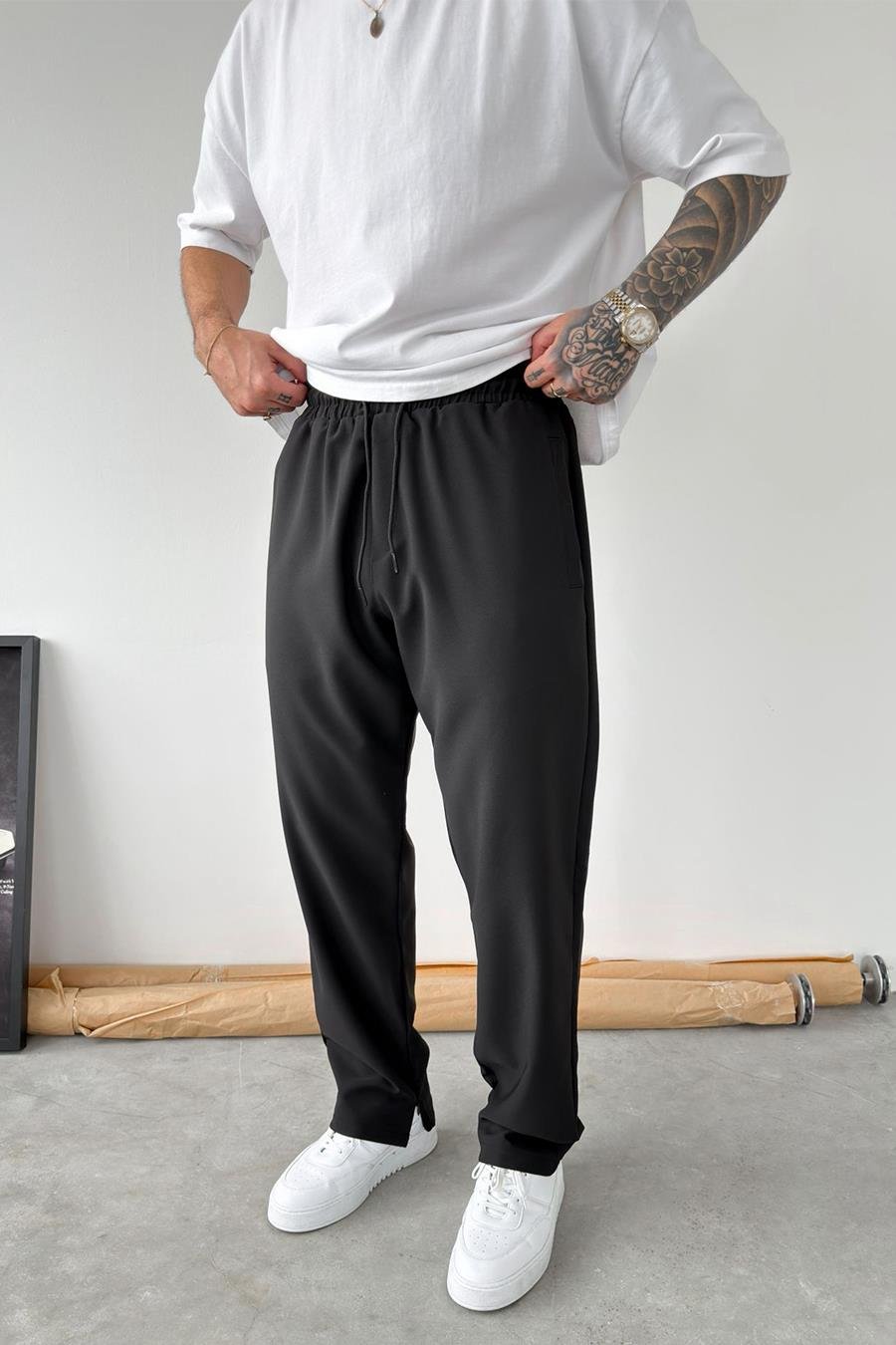 Siyah Paçası Fermuarlı Baggy Pantolon
