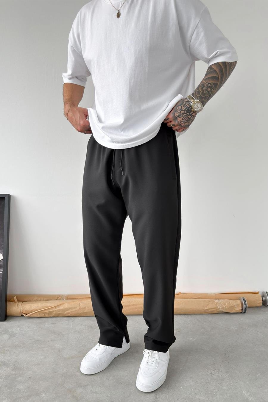 Siyah Paçası Fermuarlı Baggy Pantolon