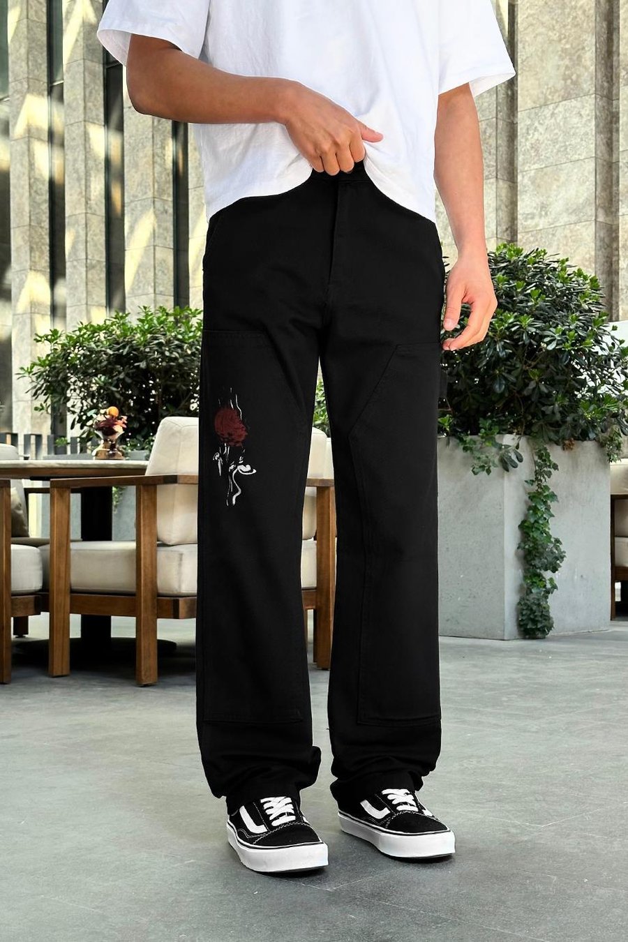 Siyah Patch Gül Desenli A68 DL Baggy Pantolon