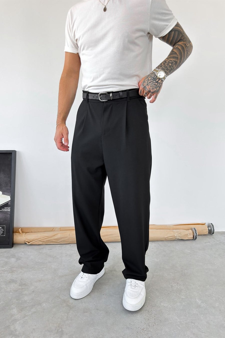 Siyah Pileli Baggy Fit Kumaş Pantolon