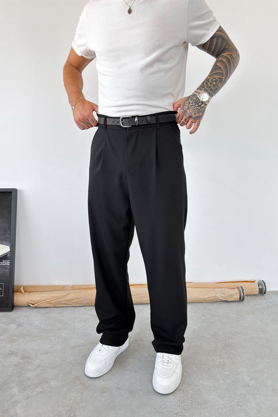 Siyah Pileli Baggy Fit Kumaş Pantolon