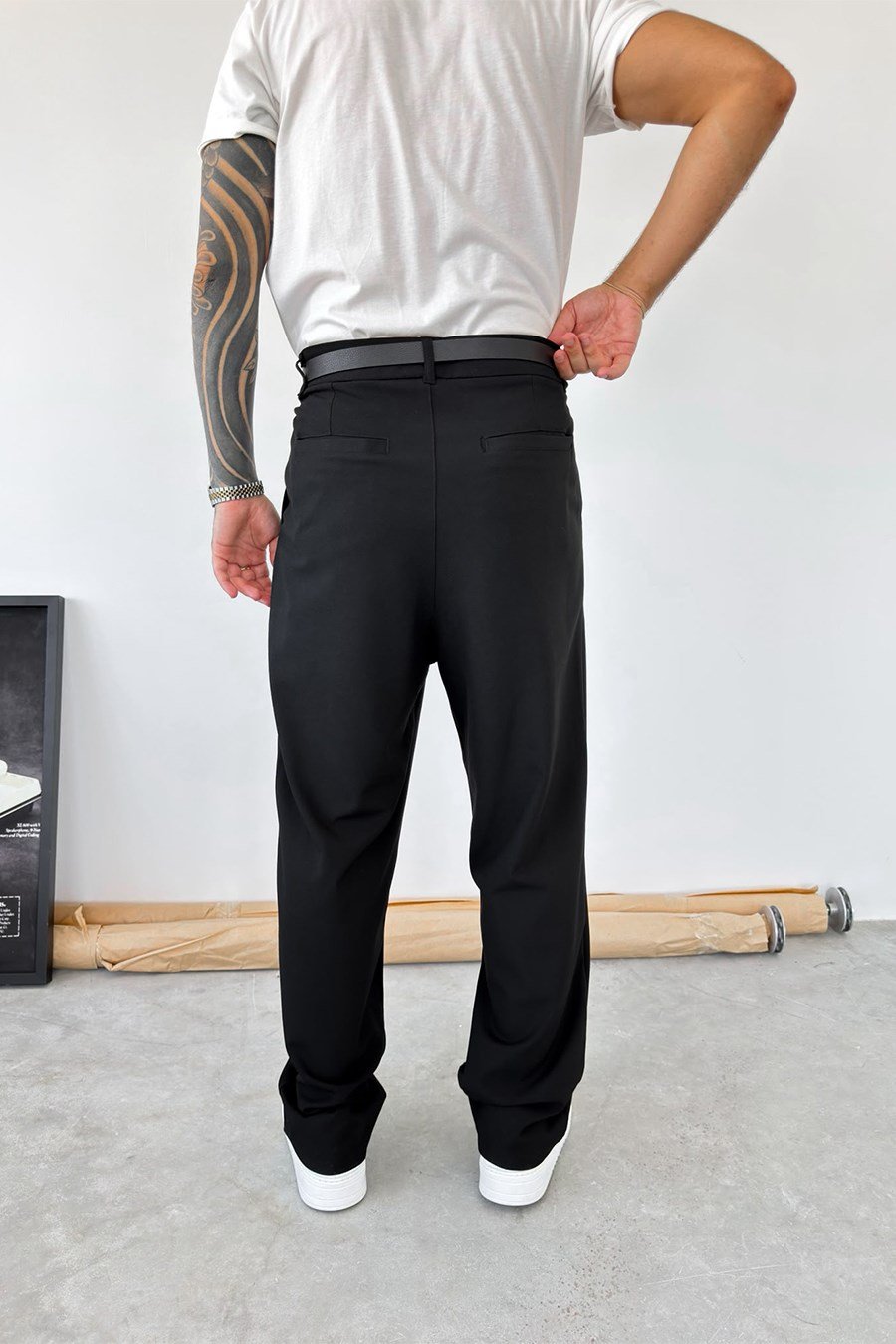 Siyah Pileli Baggy Fit Kumaş Pantolon