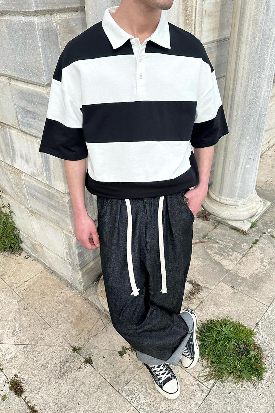 Siyah Polo Yaka  Çizgili EE Oversize Tişört