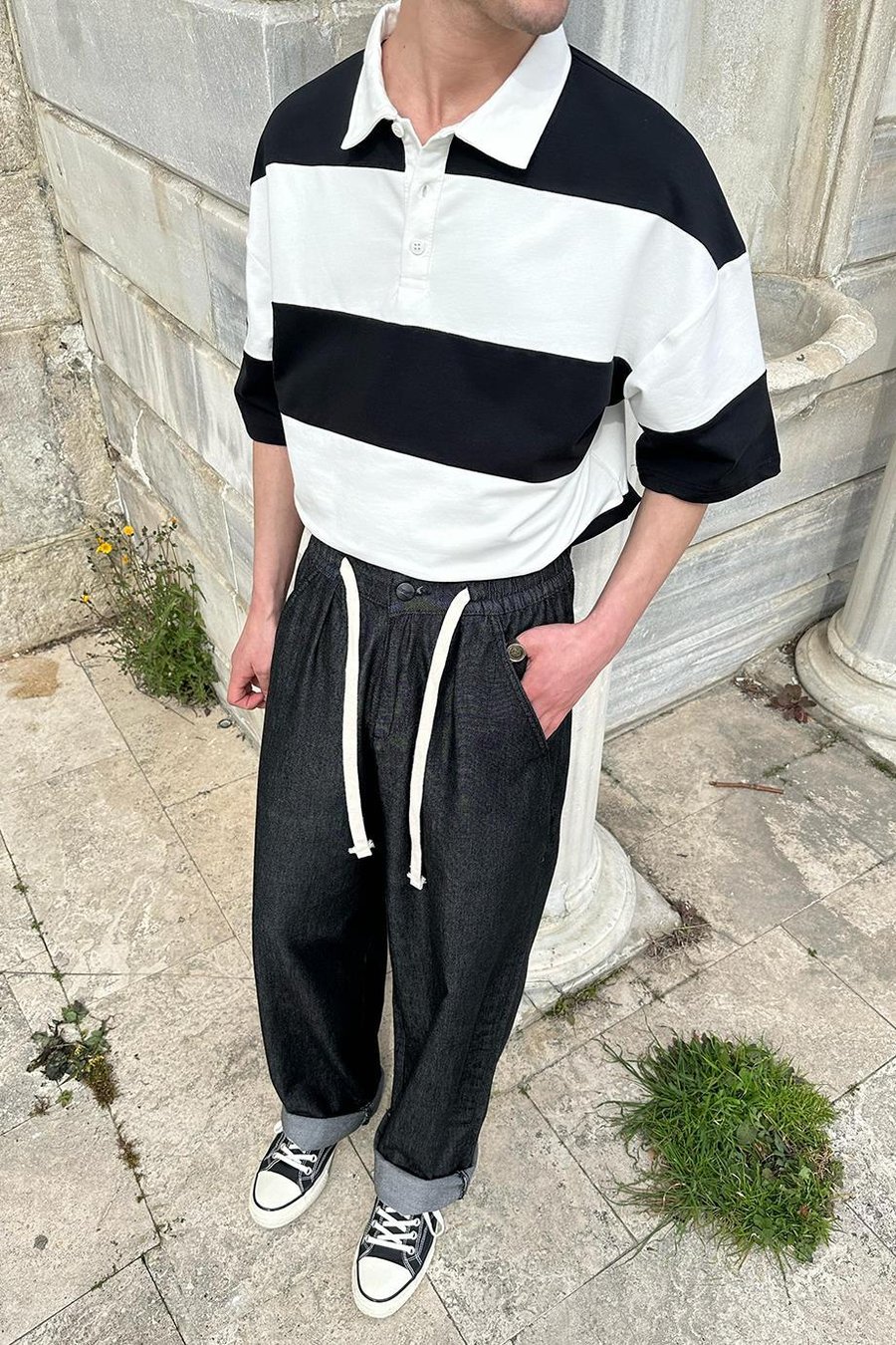 Siyah Polo Yaka  Çizgili EE Oversize Tişört