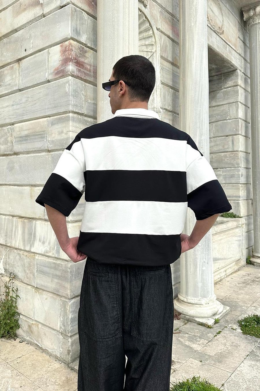 Siyah Polo Yaka  Çizgili EE Oversize Tişört