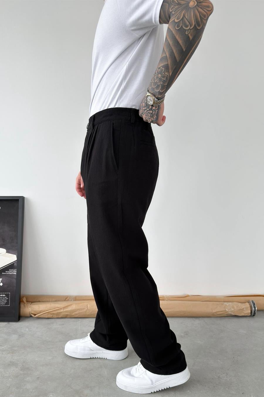 Siyah Premium Baggy Keten Pantolon
