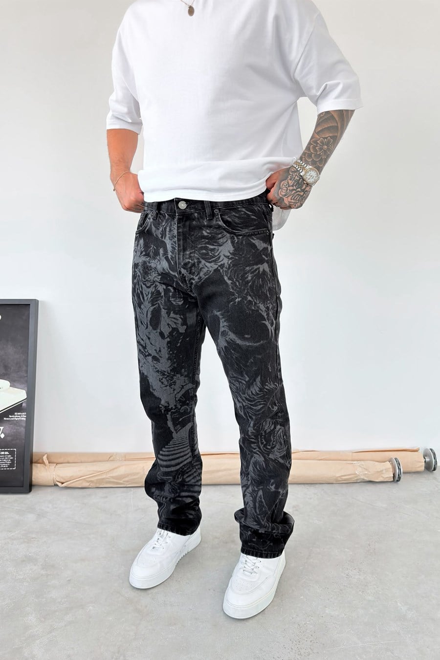 Siyah Premium Baskılı Baggy Pantolon