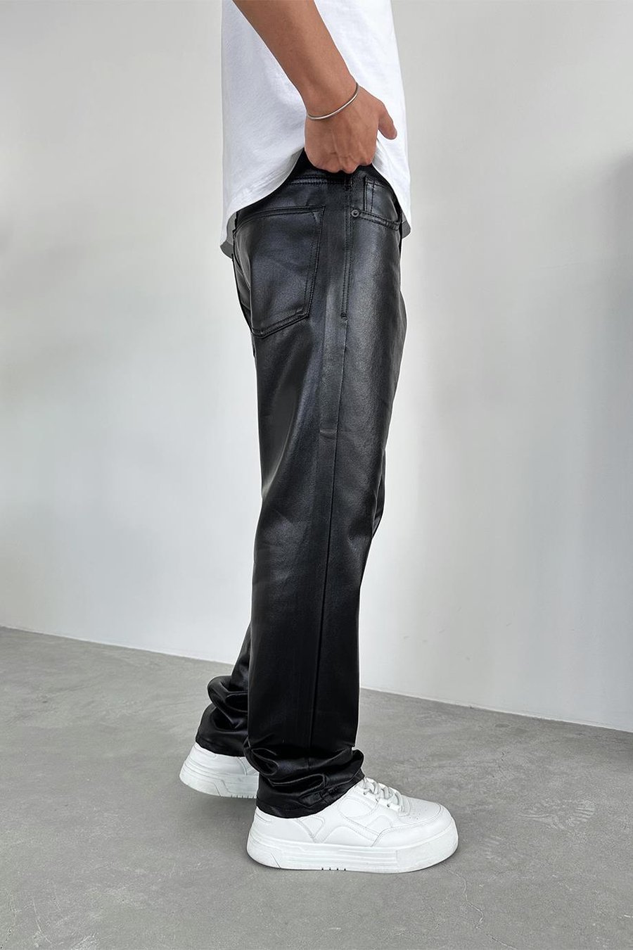 Siyah Premium Deri Baggy Pantolon