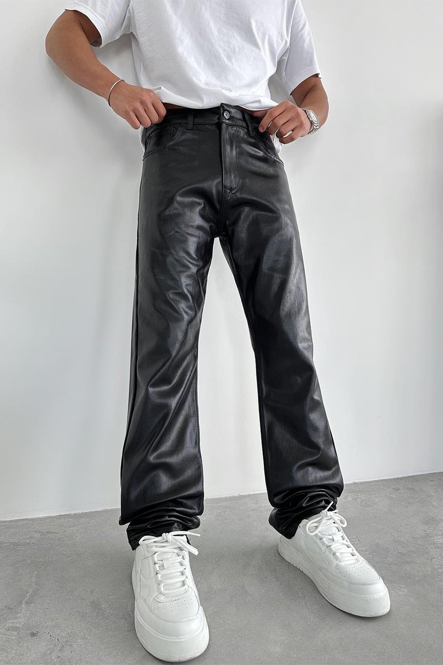 Siyah Premium Deri Baggy Pantolon