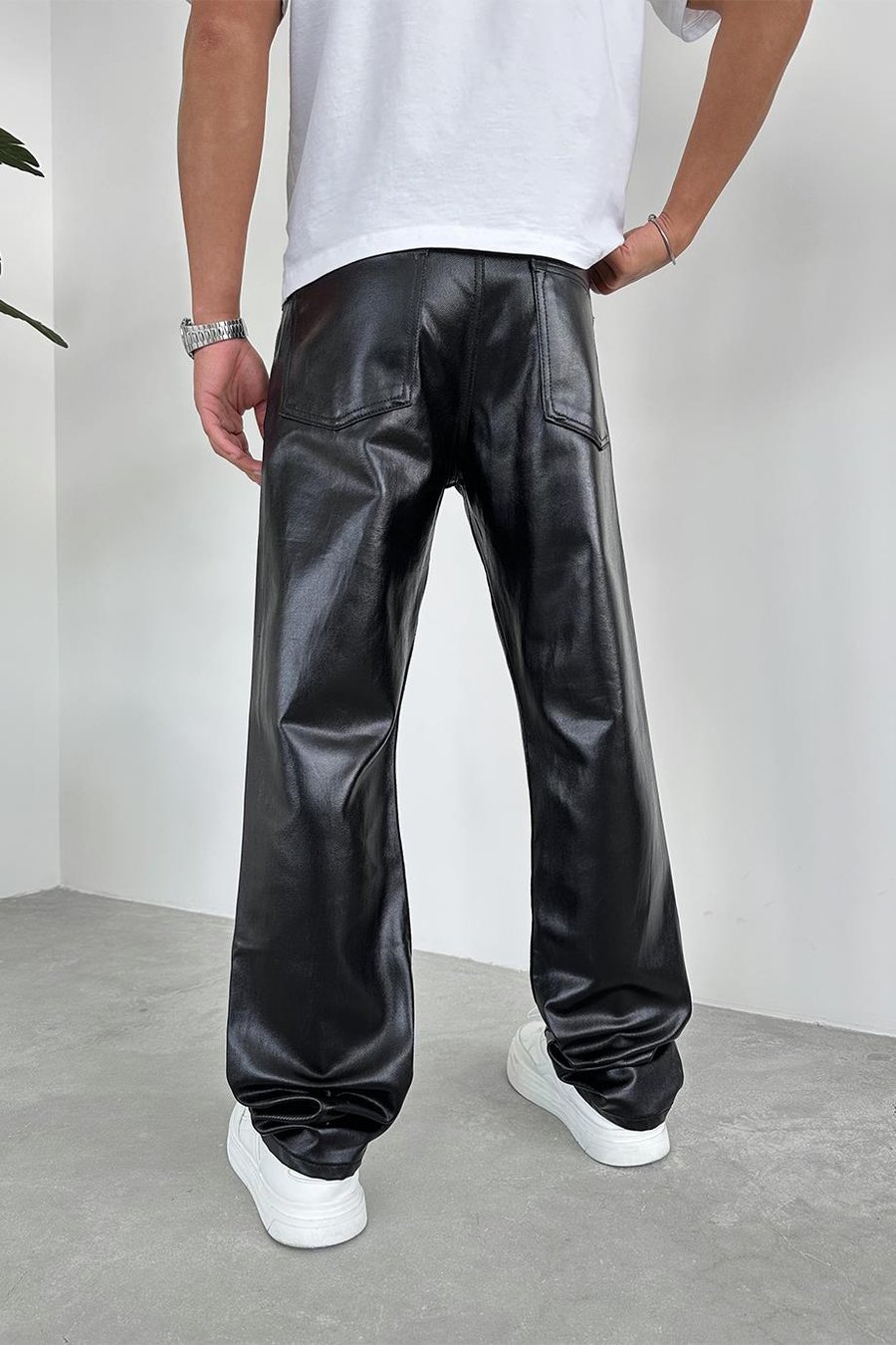 Siyah Premium Deri Baggy Pantolon