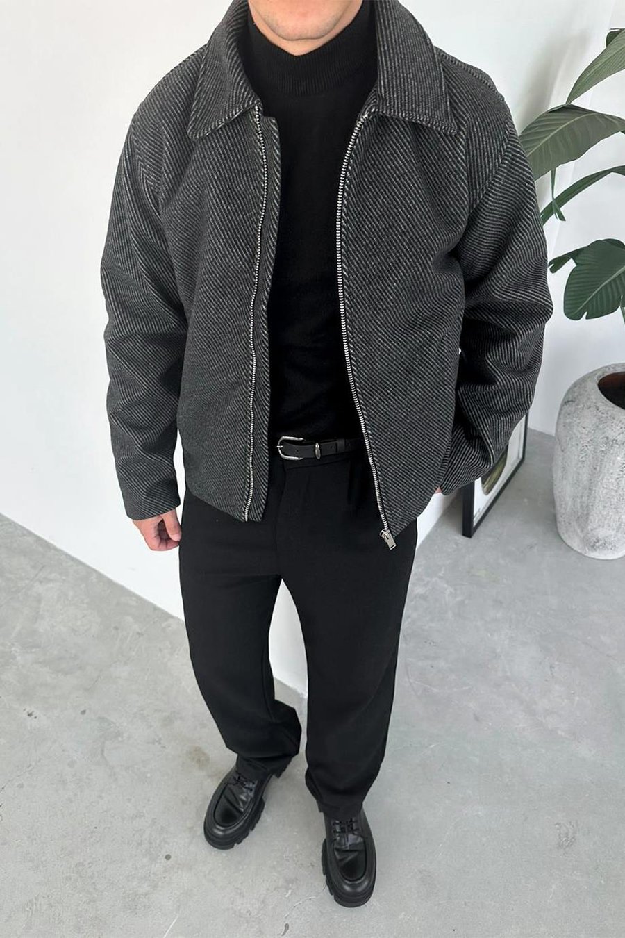 Siyah Premium Kaşe Kumaş Relaxed Ceket