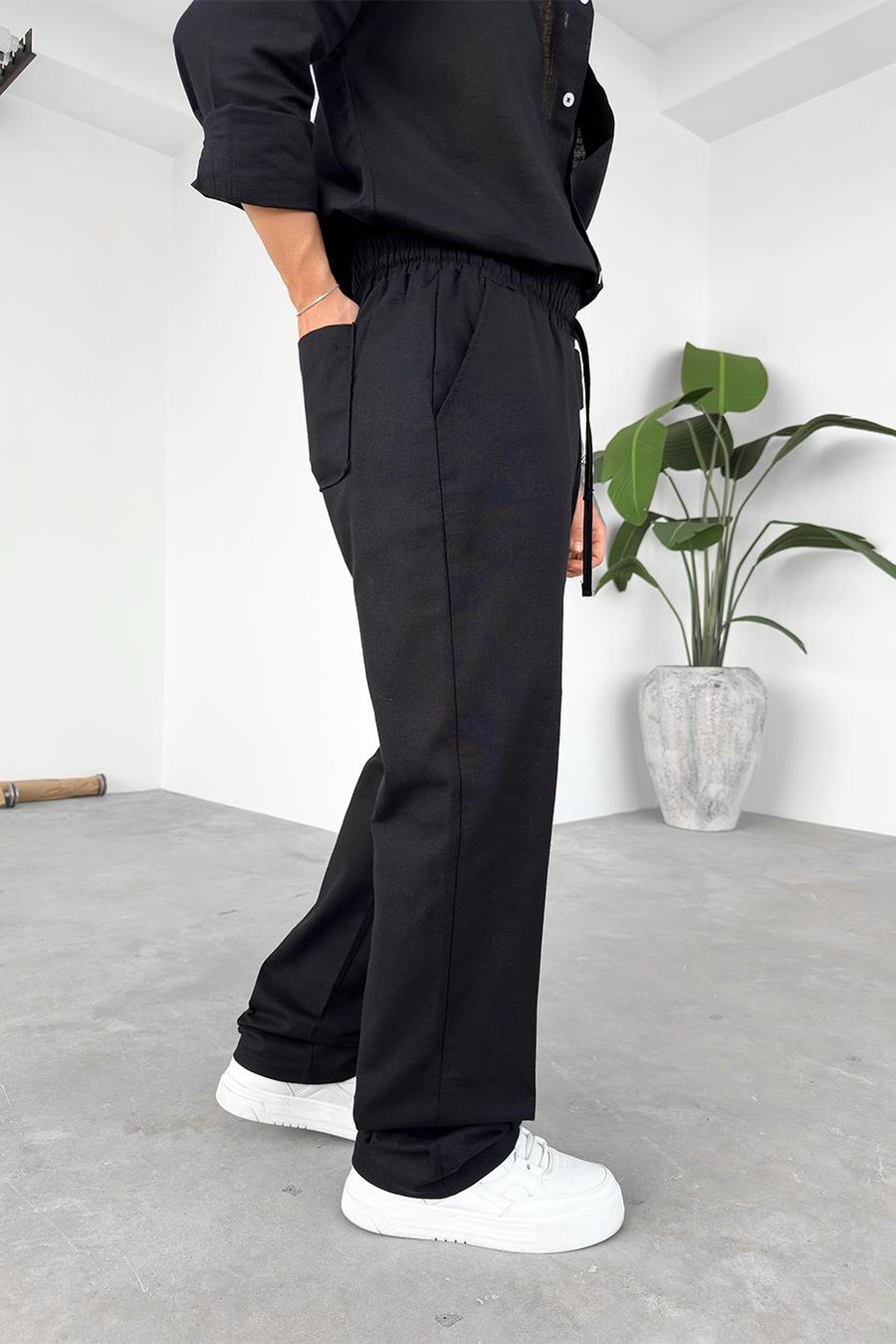 Siyah Premium Keten Basic Baggy Pantolon