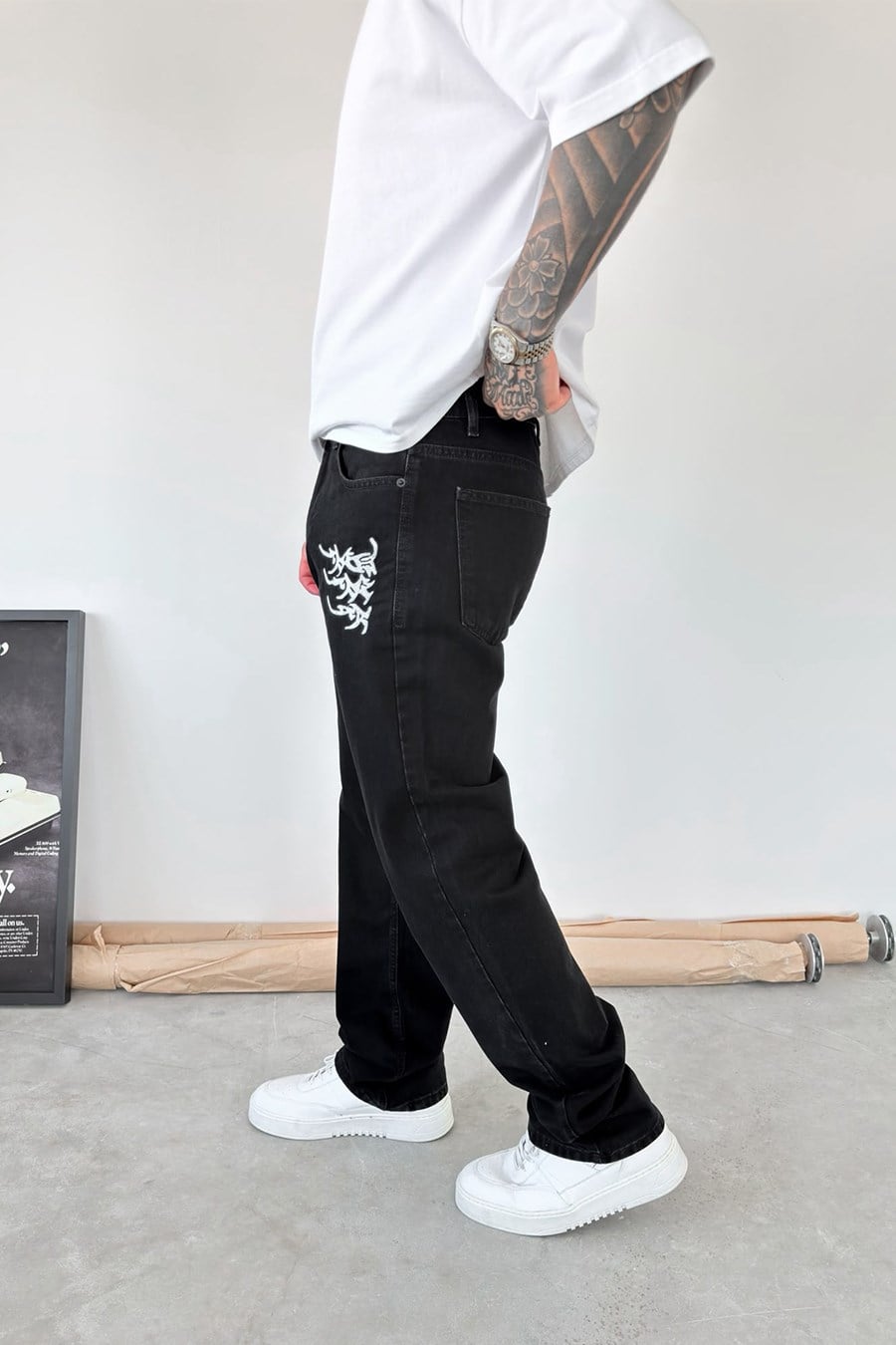 Siyah Premium Nakışlı Baggy Pantolon