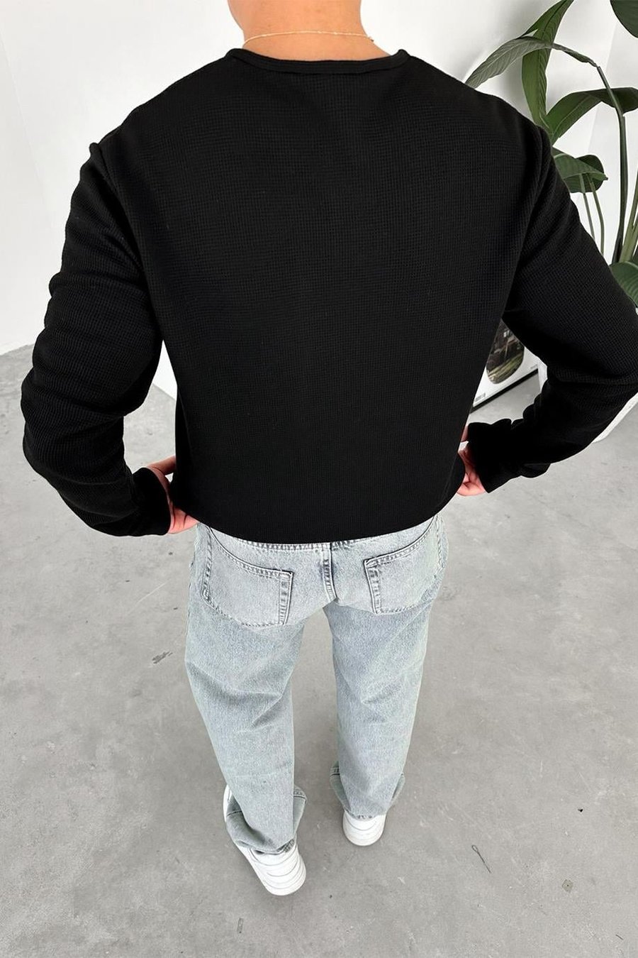 Siyah Premium Örme Waffle Düğmeli Yaka Uzun Kollu Tişört