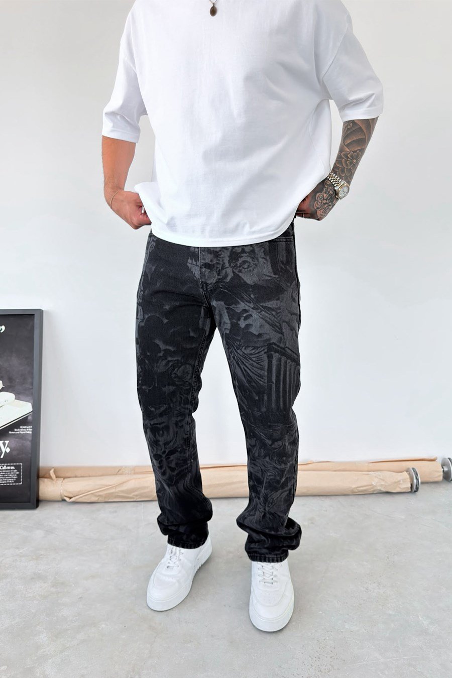 Siyah Premium Urban Style Baskılı Baggy Pantolon