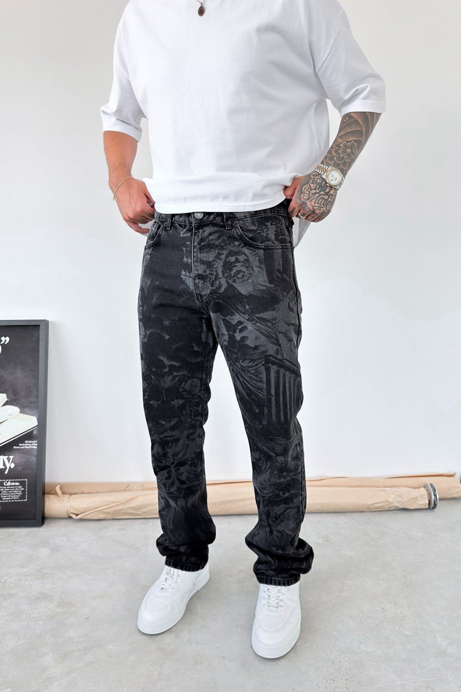 Siyah Premium Urban Style Baskılı Baggy Pantolon