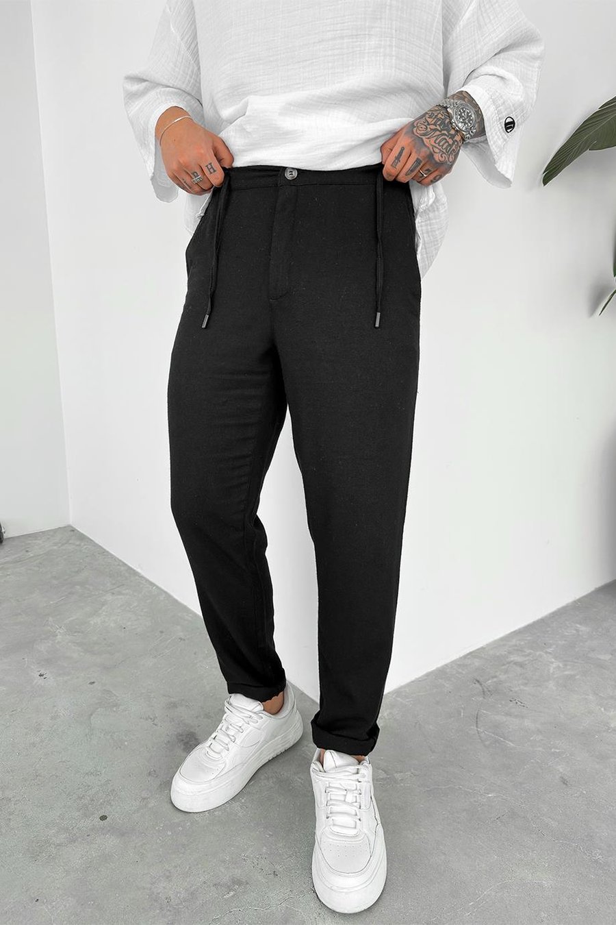 Siyah Regular Keten Pantolon
