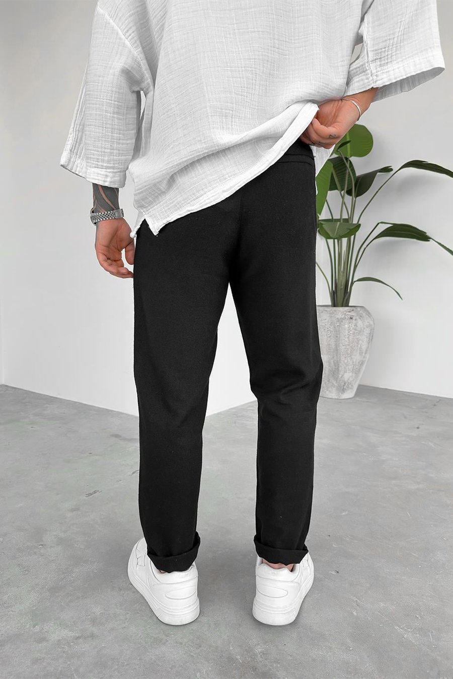 Siyah Regular Keten Pantolon