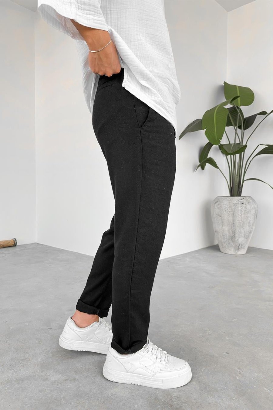 Siyah Regular Keten Pantolon