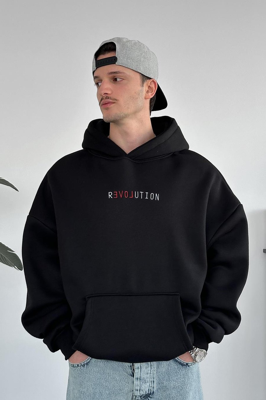 Siyah Revolution Nakış Detay HAFKA PREMİUM 3 İplik Şardonlu Oversize Sweatshirt