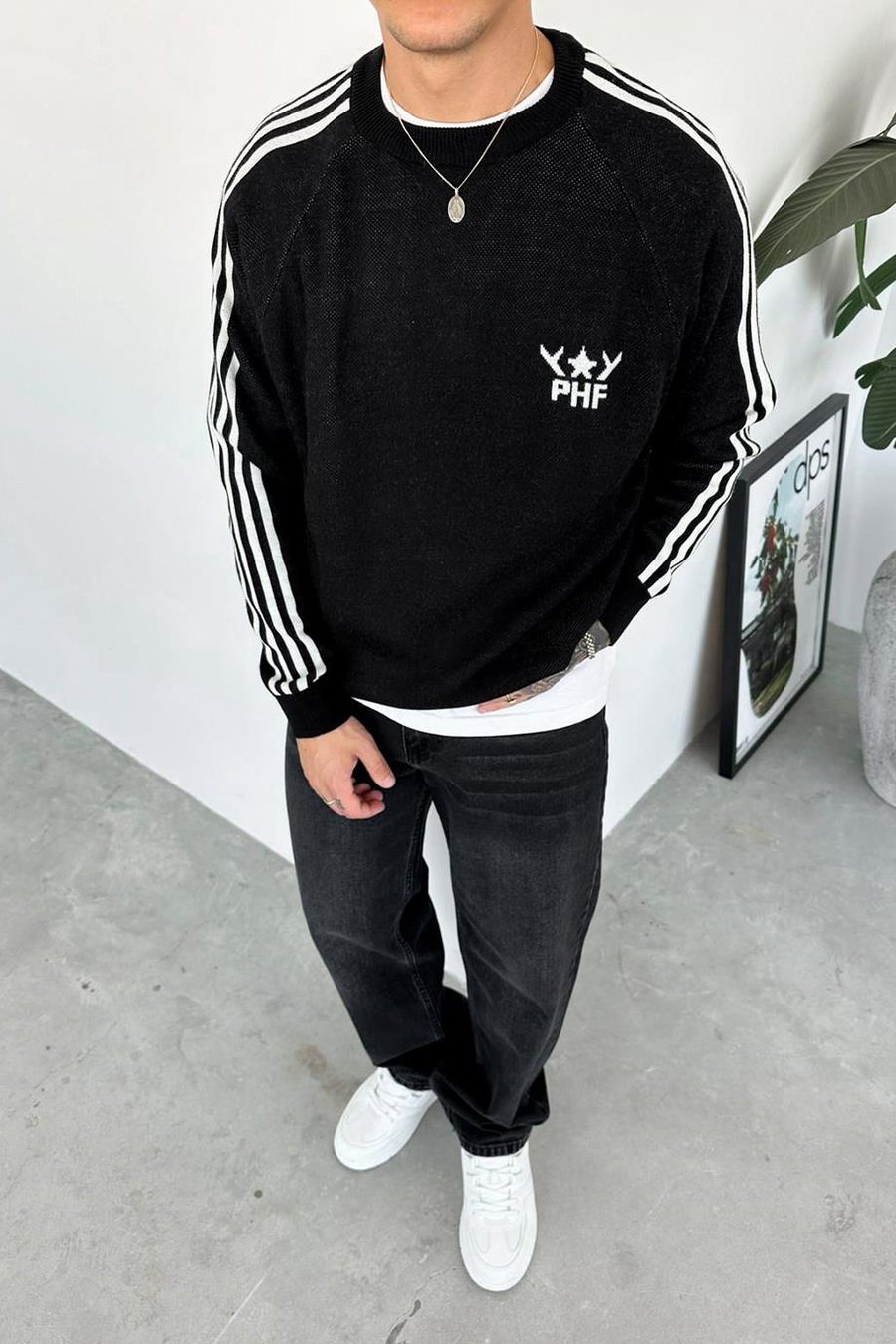 Siyah Şerit Detay Baskılı Oversize Sweat