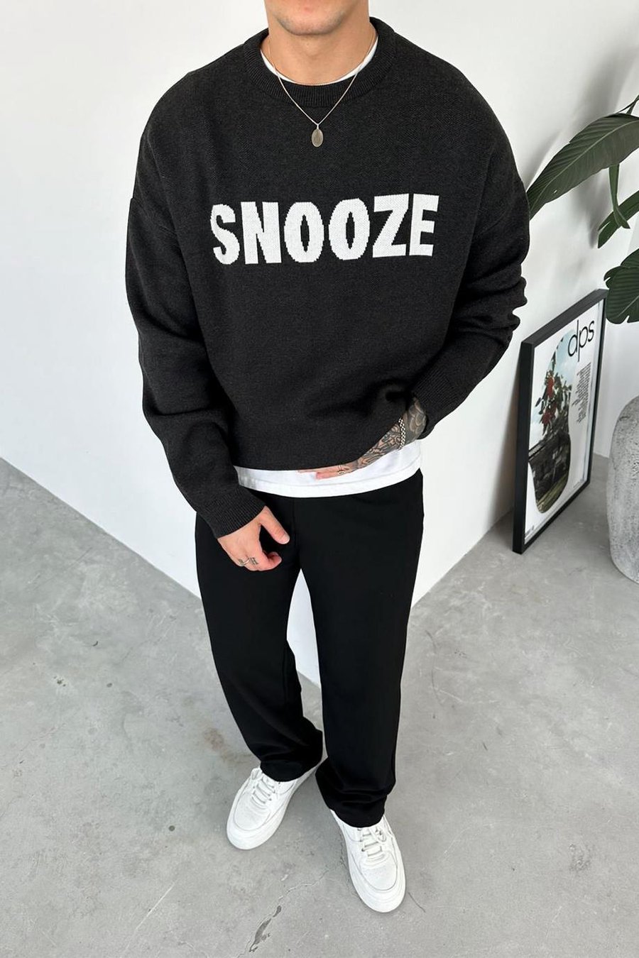 Siyah Snooze Baskılı Triko Kazak