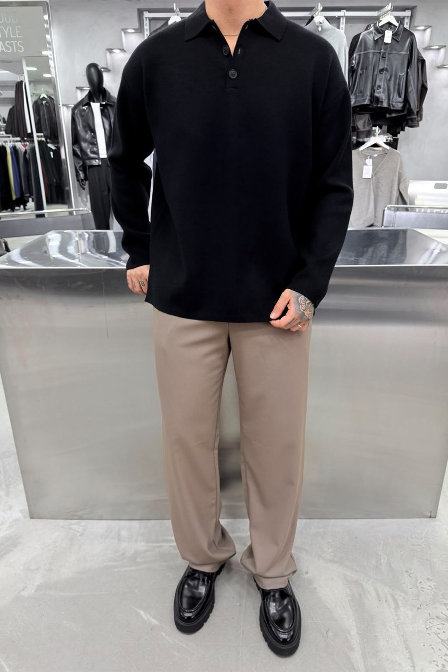 Siyah Soft Premium Oversize Triko Polo Yaka Kazak