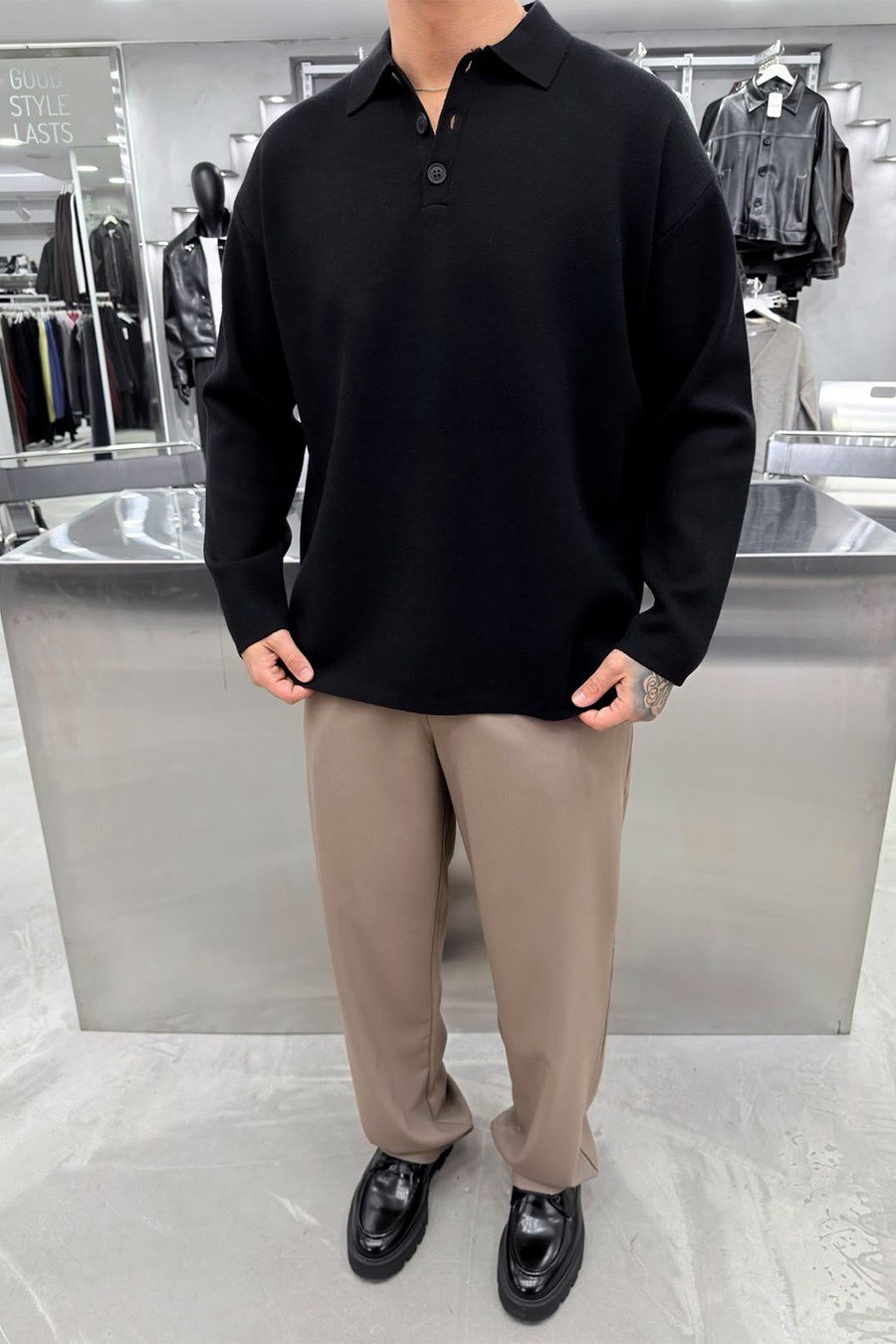 Siyah Soft Premium Oversize Triko Polo Yaka Kazak