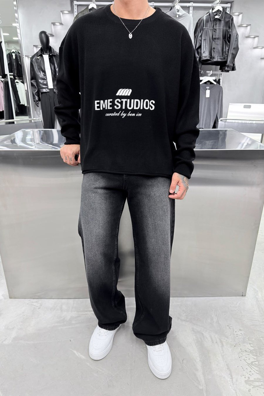 Siyah Studios Baskılı Boxy Fit Triko Kazak