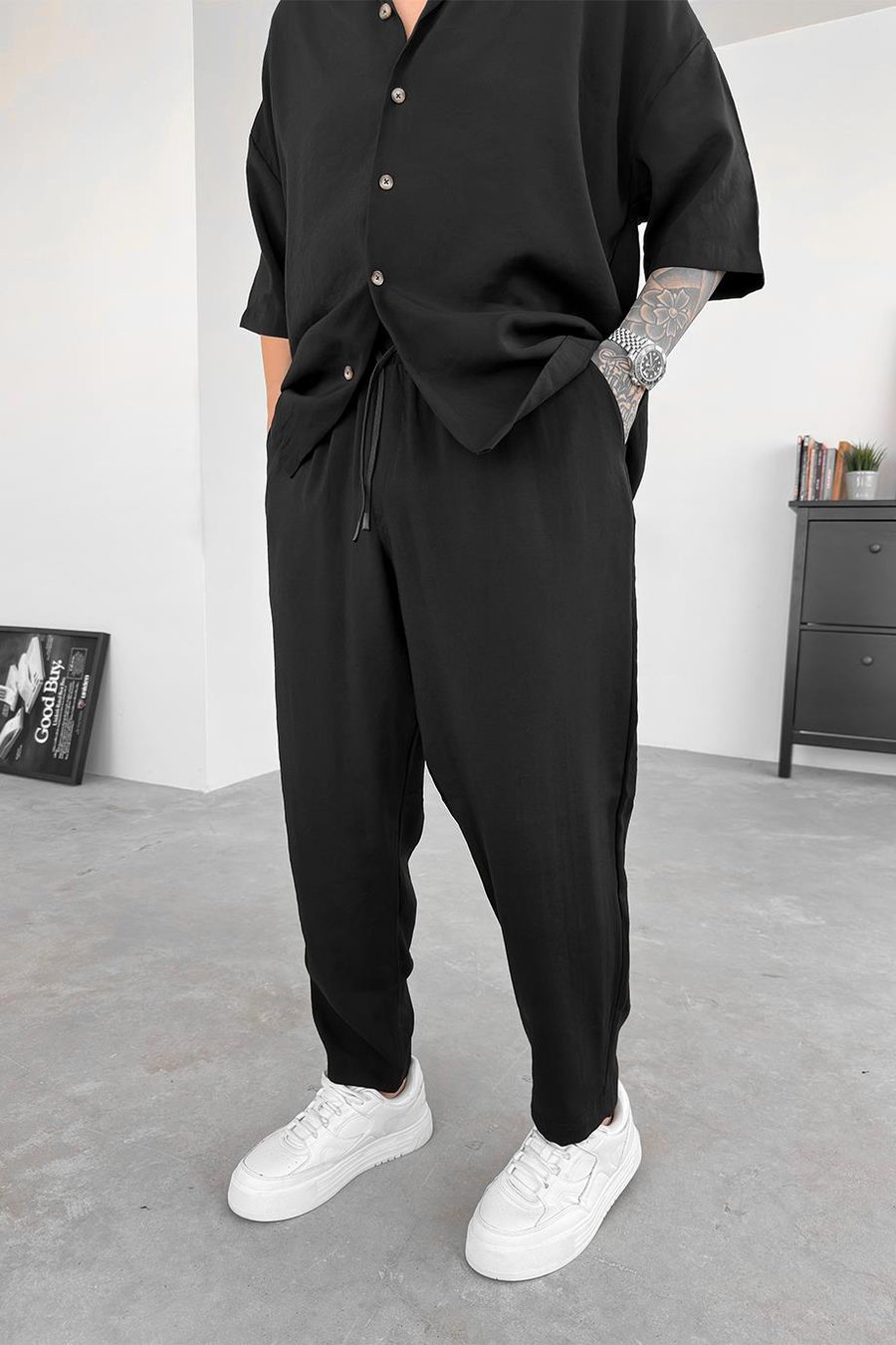 Siyah Tensel Basic Boyfriend Pantolon