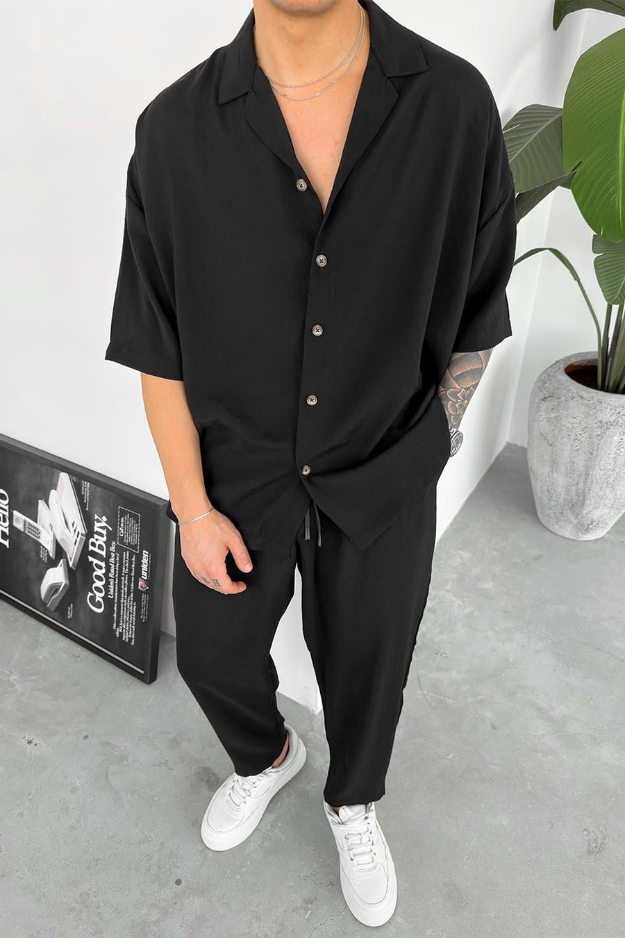 Siyah Tensel Basic Oversize Gömlek