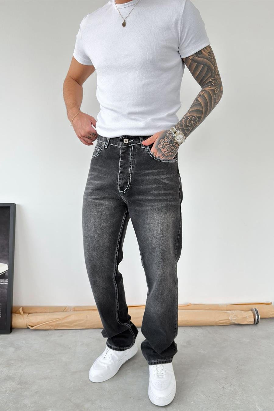 Siyah Ters Dikiş Detay Baggy Pantolon